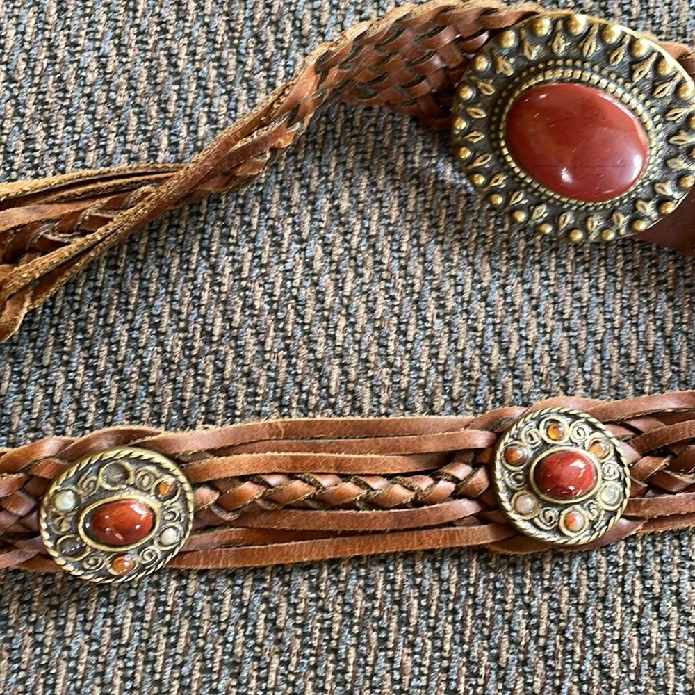 Woven Vintage Leather Belt with Brass Buckle and Stone Accents, size M/L - Picture 4 of 8